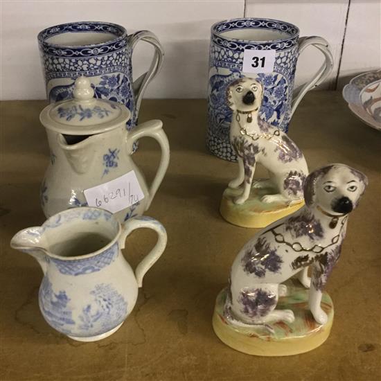 Pair of Staffordshire dogs, 2 early B&W jugs & 2 Adams mugs